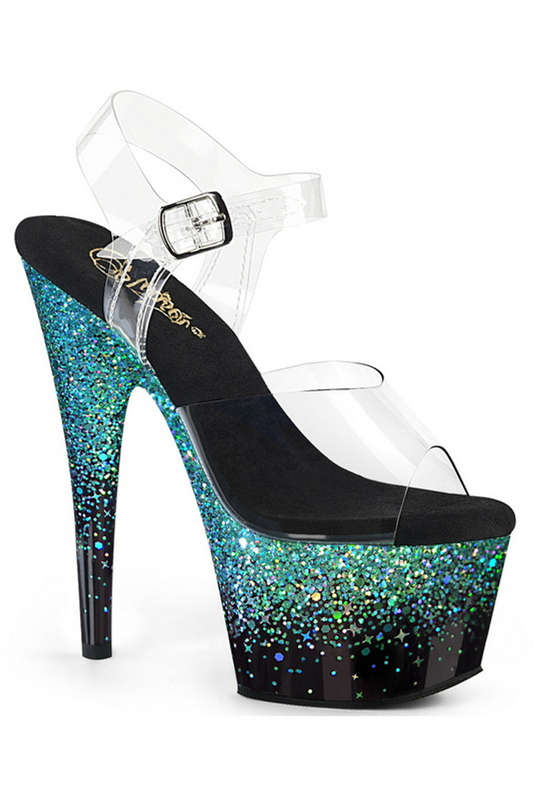 7" Heel Black & Turquoise Holographic Gradient Ankle Strap Sandals