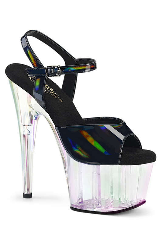 7" Heel Black Holo & Holo Tinted Platform Ankle Strap Sandals