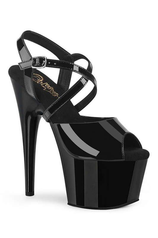 7" Heel Black Pat Peep Toe Ankle Strap Sandals