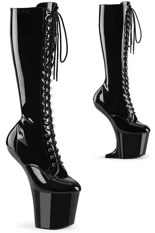 8" Heelless Black Pat Lace Up Knee High Boots