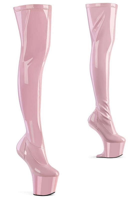 8" Heelless Baby Pink Patent Stretch Thigh High Boots