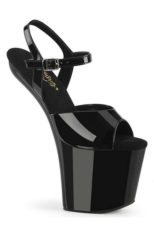 8" Heelless Black Patent Ankle Strap Sandals
