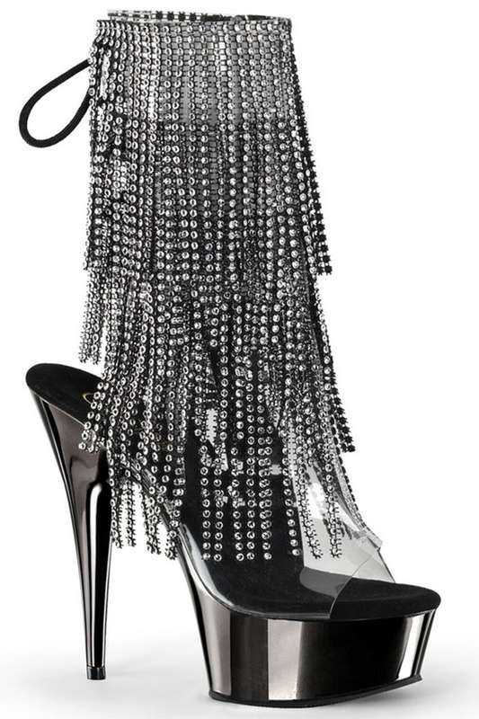 6" Dark Pewter Chrome Rhinestone Fringe Ankle Boots
