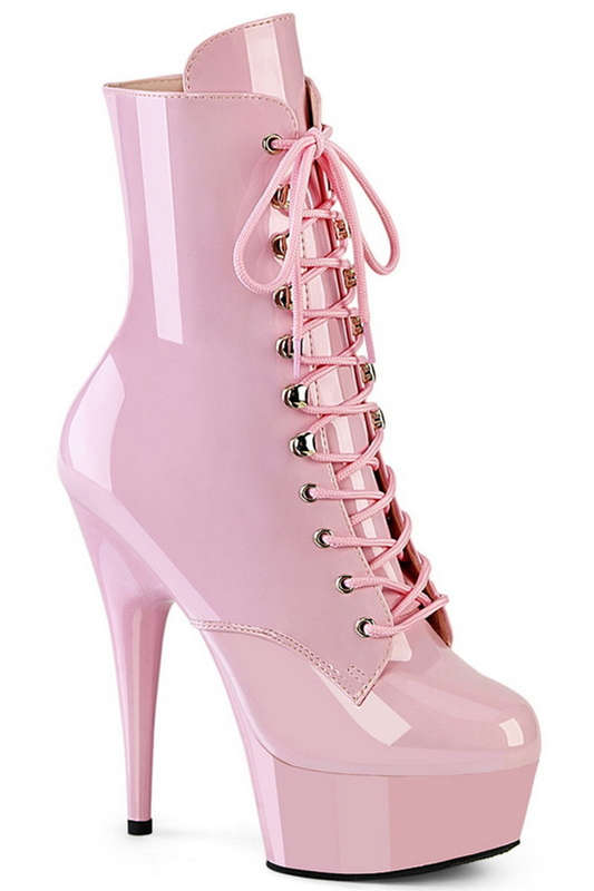 6" Stiletto Heel Baby Pink Patent Platform Lace-Up Ankle Boots