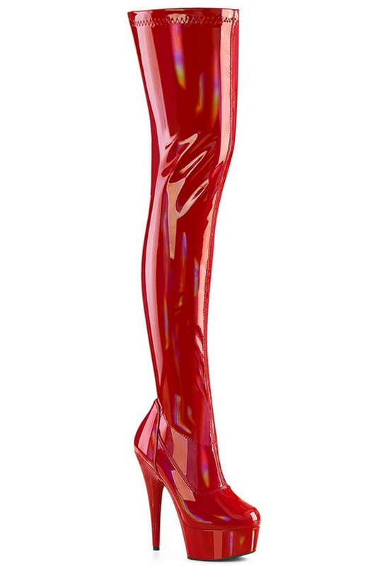 6" Heel Red Stretch Hologram Thigh High Boots