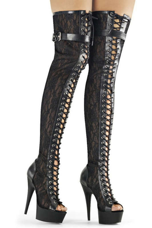 6" Heel Black Lace & Faux Leather Front Lace Peep Toe Thigh High Boots