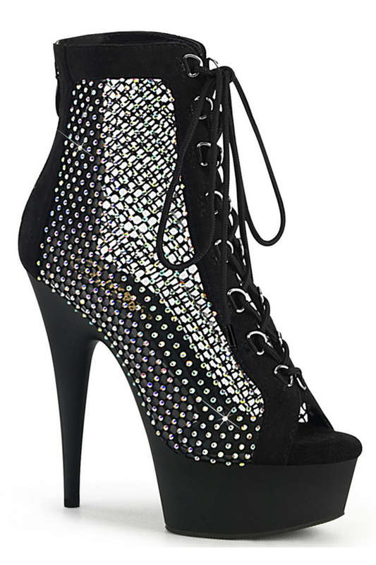 6" Black Faux Suede Front Lace Up Rhinestone Ankle Boots