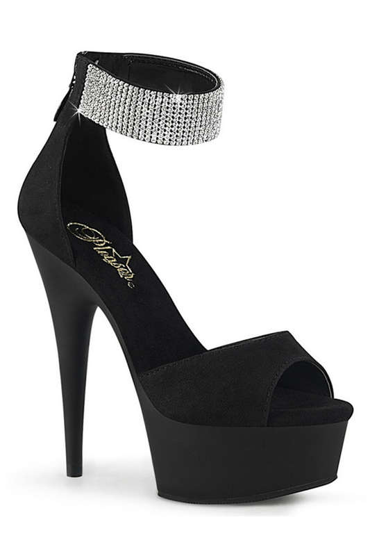 6" Black Faux Suede Rhinestone Ankle Strap Sandals