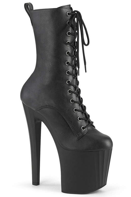 7 1/2" Black Faux Leather Prismatic Base Ankle Boots