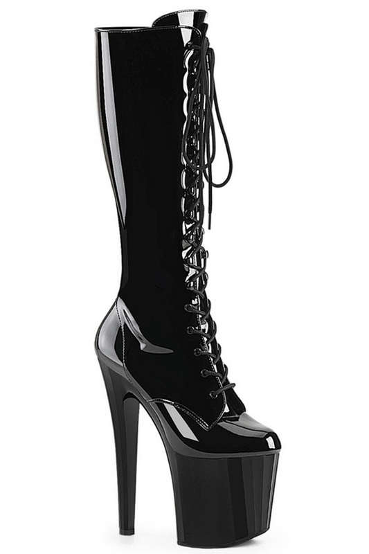 7 1/2" Black Patent Prismatic Base Lace Up Knee High Boots
