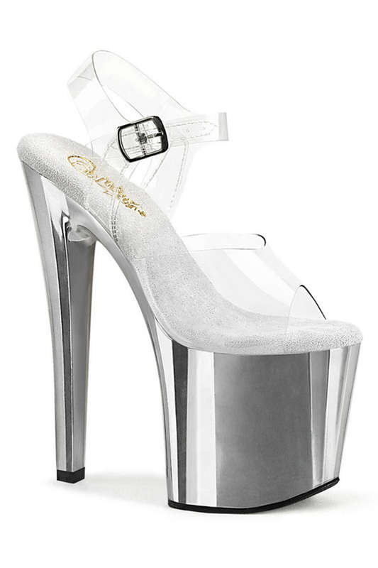 7 1/2" Clear & Silver Chrome Prismatic Base Ankle strap Sandals