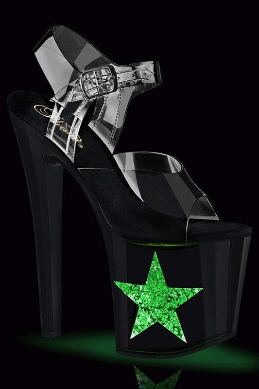 7 1/2" Clear & Black Light Up Star Platform Ankle Strap Sandals