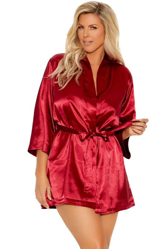 Plus Size Burgundy Charmeuse Kimono Lingerie Robe