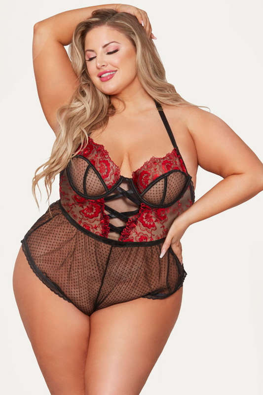 Plus Size Red & Black Mystic Floral Lingerie Teddy