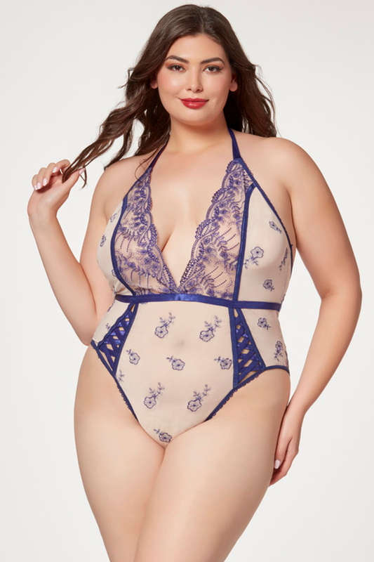 Plus Size Blue & Nude Sheer Elegance Lingerie Teddy