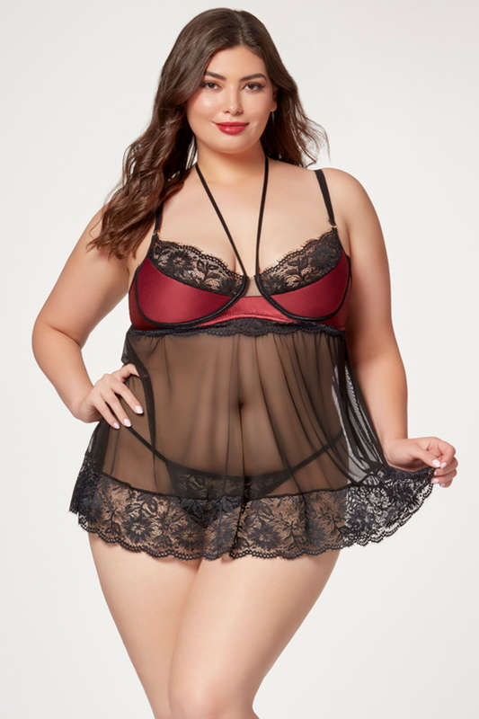Plus Size Wine & Black Romantic Demi Lingerie Babydoll