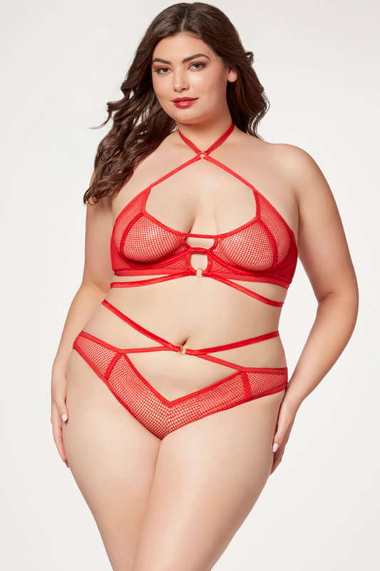 Plus Size Red Nothing But Net Strappy Lingerie Bra Set