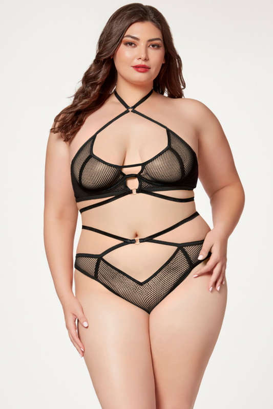 Plus Size Black Nothing But Net Strappy Lingerie Bra Set