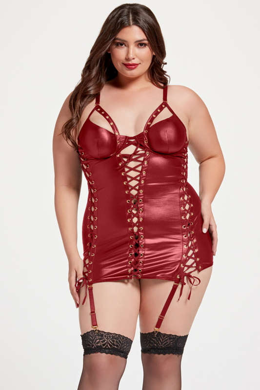 Plus Size Wine Midnight Love Vegan Leather Lingerie Chemise
