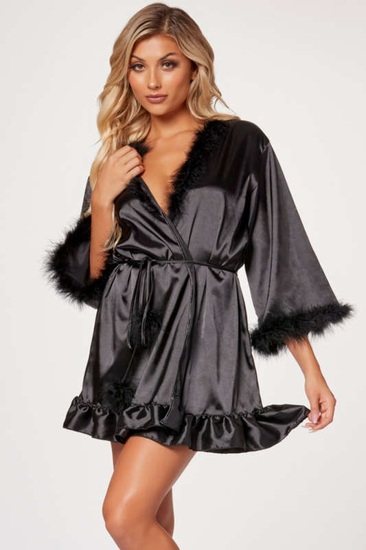 Black Bombshell Crepe Silk Lingerie Robe