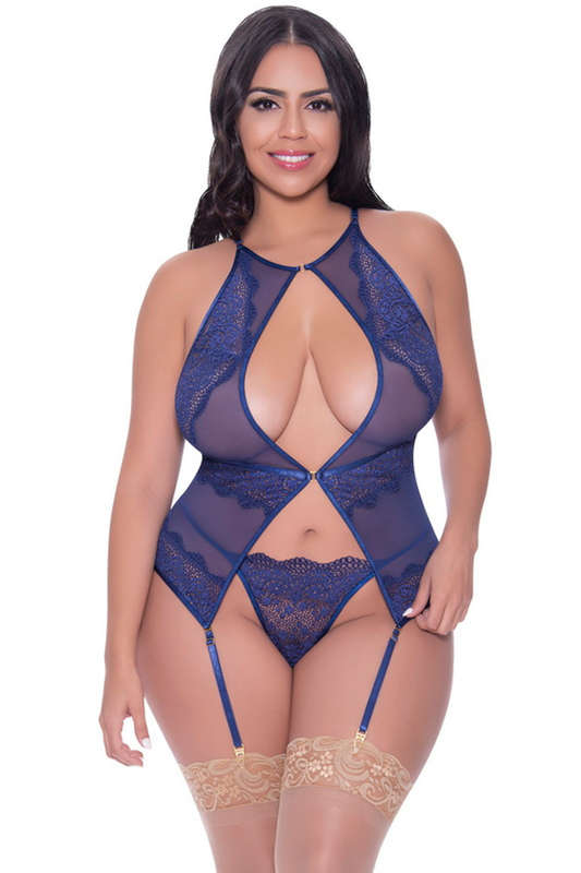 Plus Size Blue Berrylicious Gartered Cami & G-String