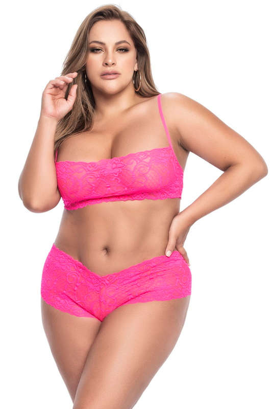 Plus Size Hot Pink Two Piece Lace Sexy Set