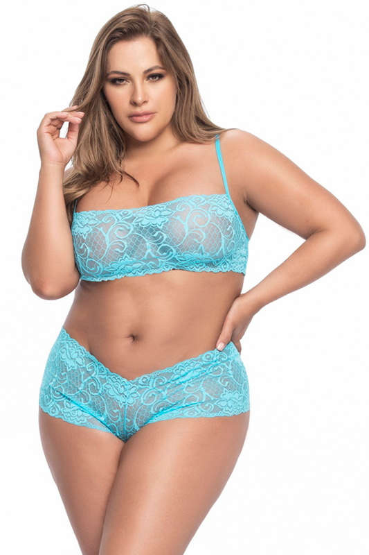 Plus Size Turquoise Two Piece Lace Sexy Set