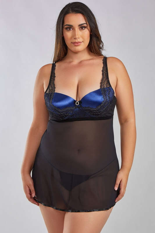 Plus Size Navy & Black Please Me Lingerie Babydoll & Thong Set