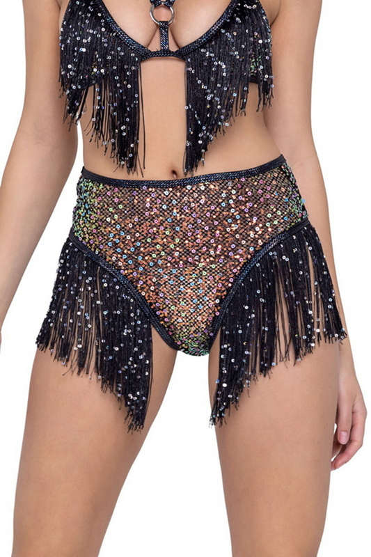Black Sequin Fringe High Waisted Shorts