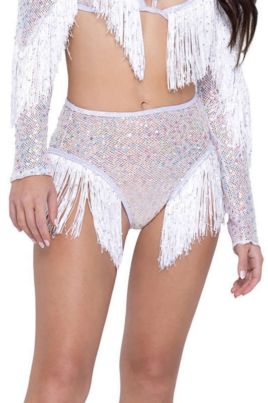 White Sequin Fringe High Waisted Shorts