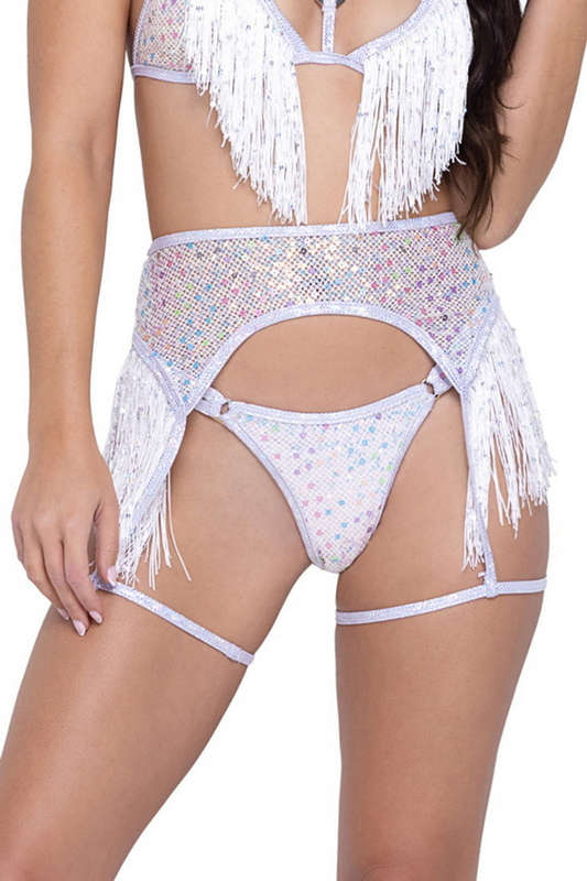 White Sequin Fringe Garter Belt