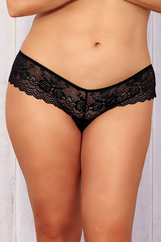 Plus Size Black Mesh Open Front Thong