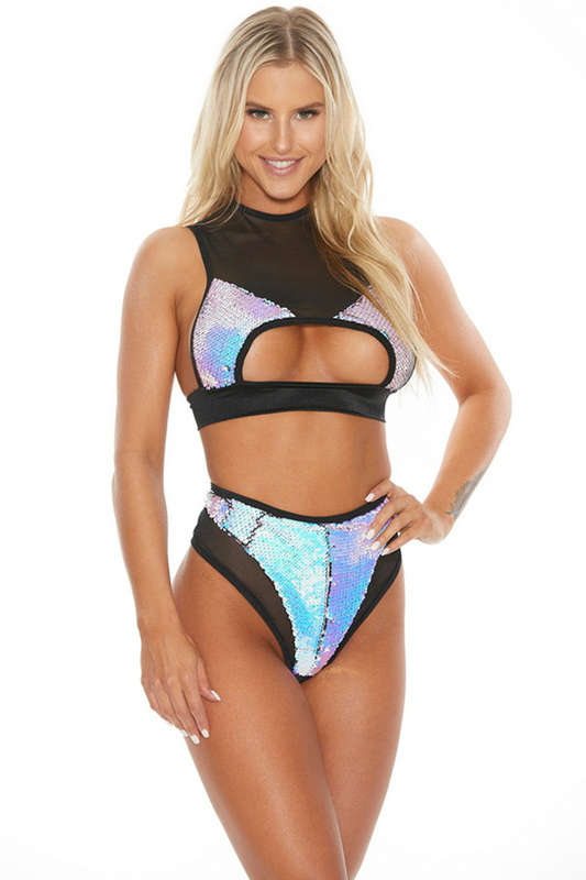 Sky Blue Reversible Multi Sequin Keyhole Top and Bottom