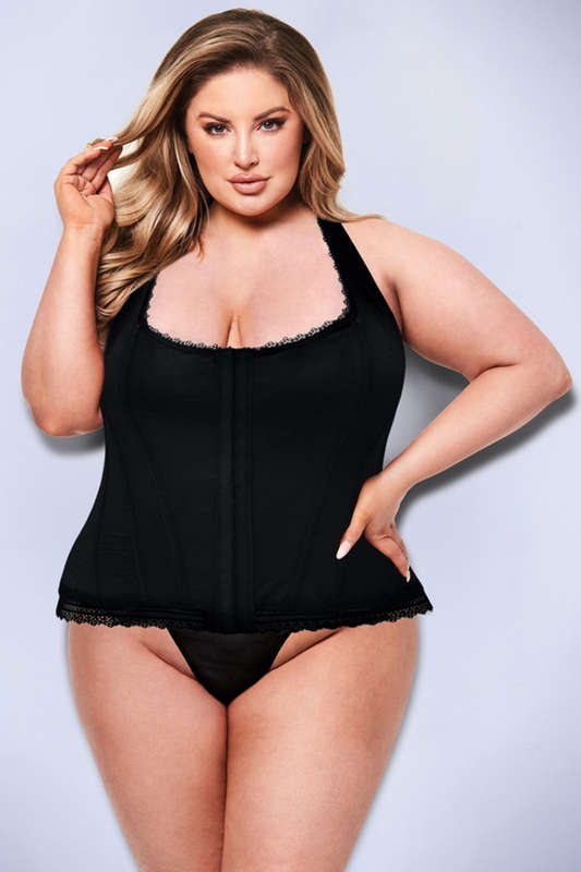 Plus Size Black Front Hook Lace Up Back Bustier