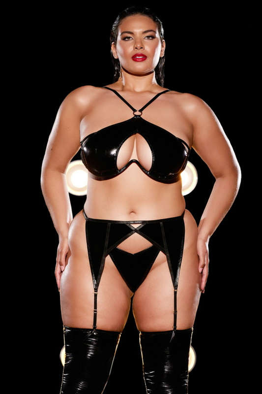 Plus Size Black Vinyl Fantasy Bra, Garterbelt, & Panty