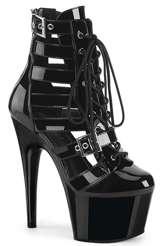 Black Patent 7" Heel Dual Buckle Cage Bootie