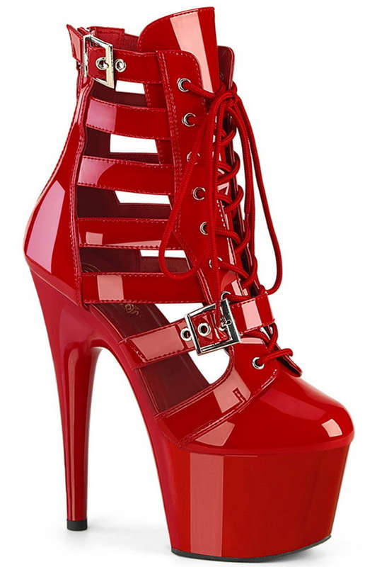 Red Patent 7" Heel Dual Buckle Cage Bootie