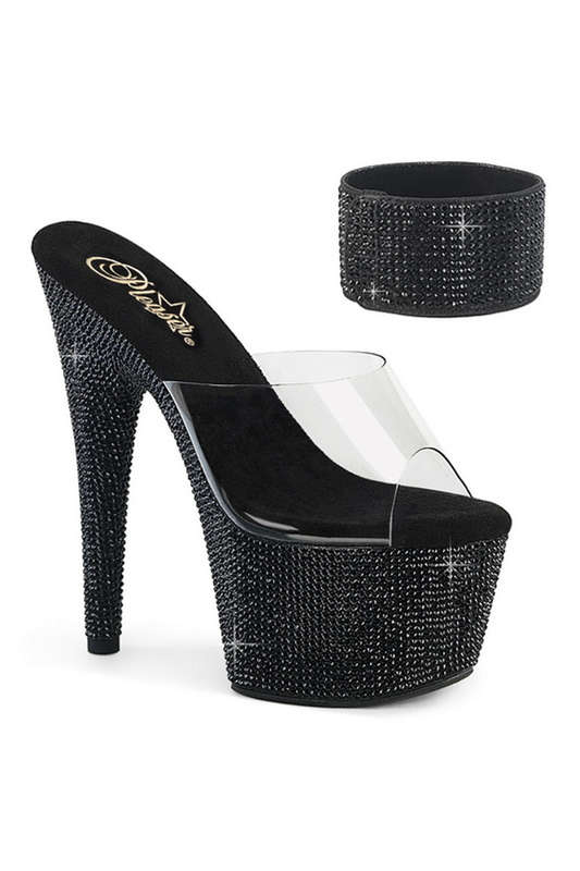 7" Heel Black Rhinestones Encrusted Platform Sandals