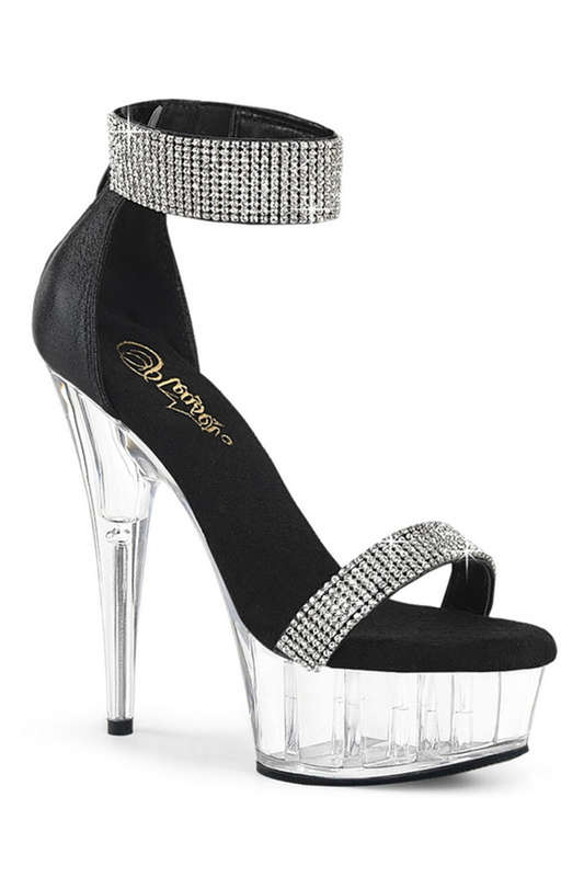 Black & Clear 6" Heel Rhinestone Ankle Strap Sandal