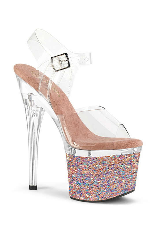 Clear & Rose Gold 7" Heel & Glitter Platform Ankle Strap Sandal