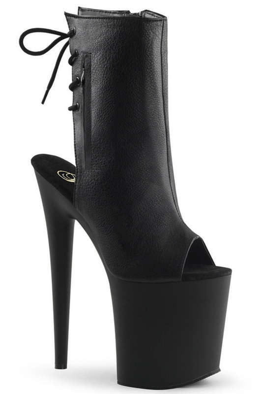 Black Faux Leather 8" Peep Toe Ankle Bootie