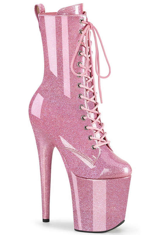 Baby Pink Glitter 8" Heel Lace Up Ankle Boot
