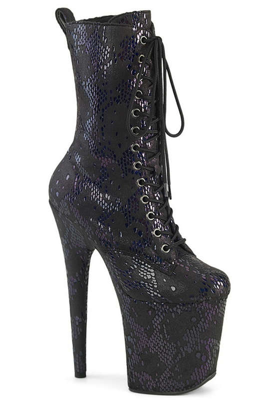 8" Heel Black Snakeskin Lace Up Ankle Boot