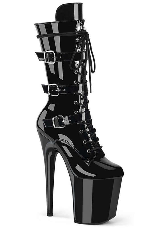 Black Patent 8" Triple Buckle Mid Calf Boot