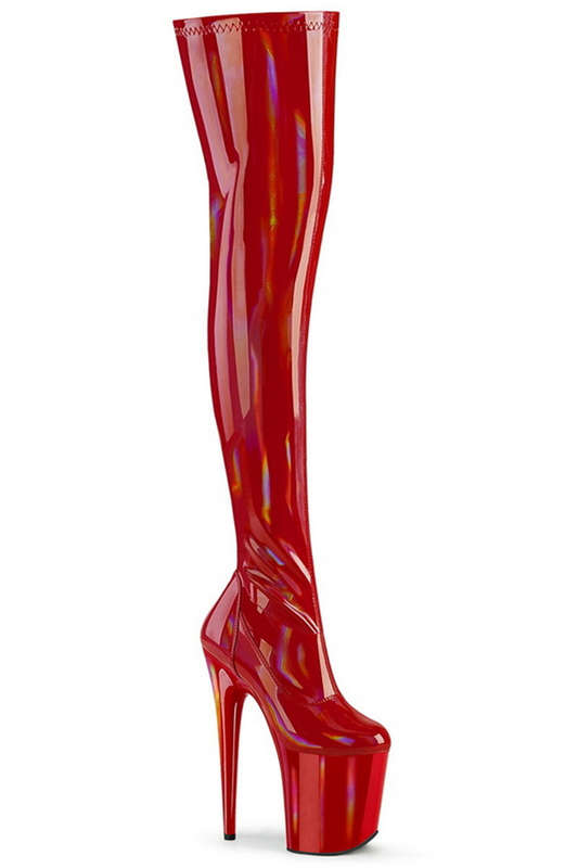 Red Holo 8" Heel Thigh High Platform Boot