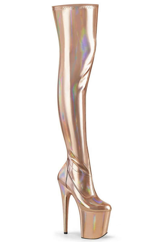 Rose Gold Holo 8" Heel Thigh High Platform Boot