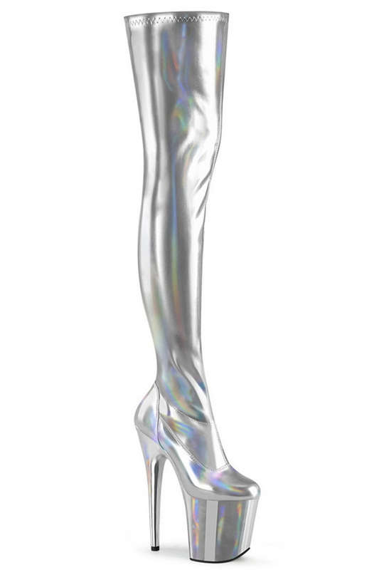 Silver Holo 8" Heel Thigh High Platform Boot