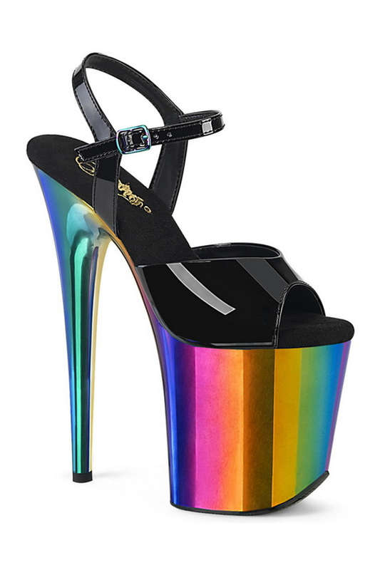 Black Patent & Rainbow Chrome 8" Heeled Ankle Strap Sandal