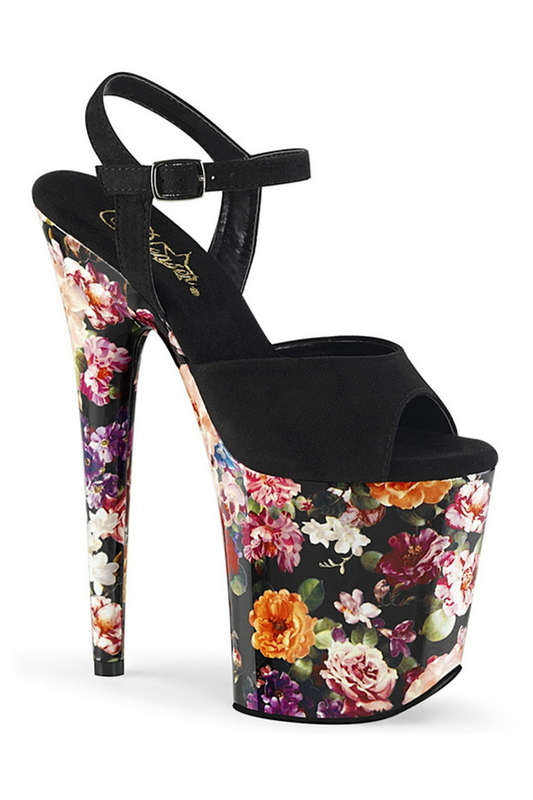 Black Faux Suede 8" Heel Flower Print Ankle Strap Sandal