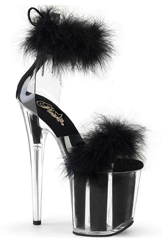 Black Marabou 8" Heeled Ankle Strap Sandal